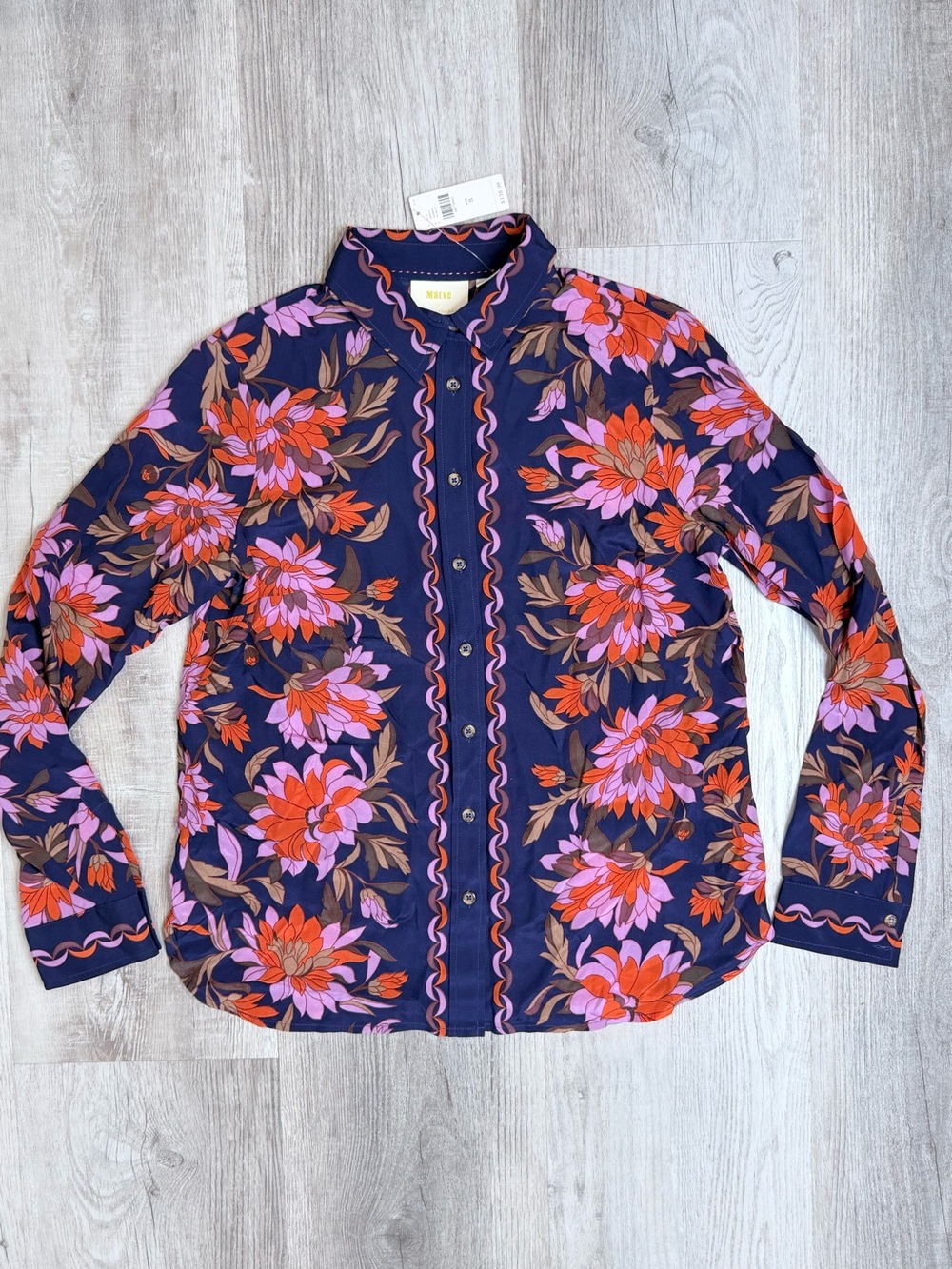 Anthropologie Maeve Paradigm Silk Buttondown Floral Blouse Navy Multi Size 8 NWT - Picture 3 of 16